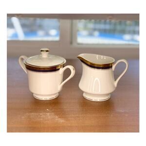 Vtg Fine China Creamer & Sugar Alhambra Pattern by Ranmaru Cobalt Blue/Gold